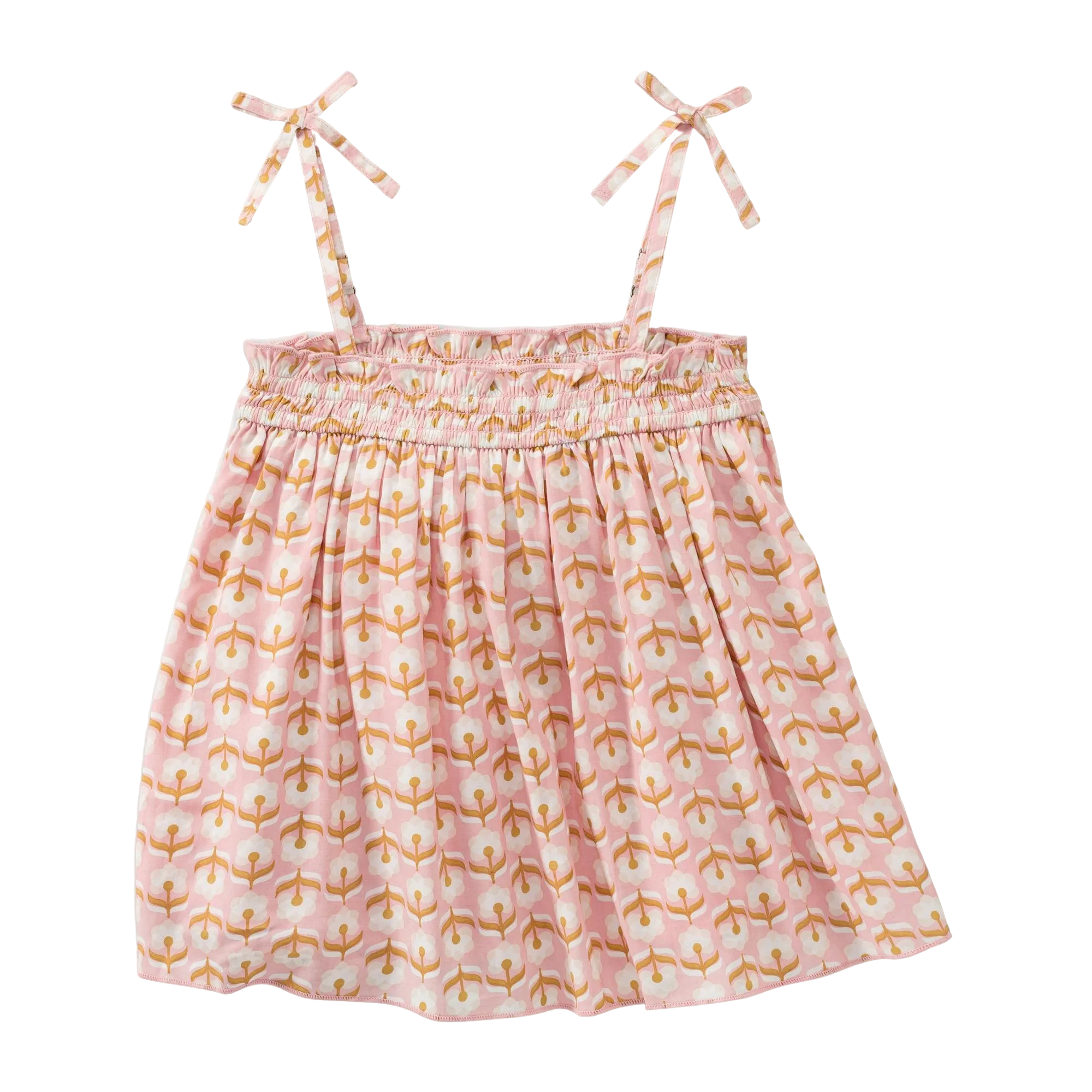 Pink summer dress with straps and playful printed pattern