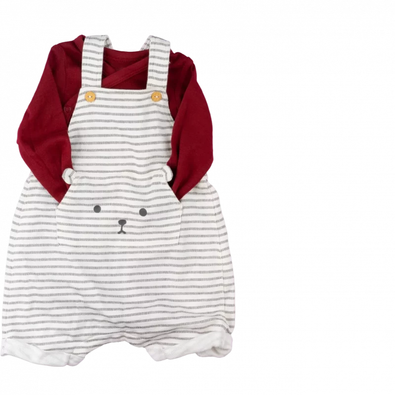 Striped romper with bear embroidery and red sleeve top
