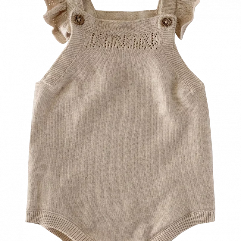 Beige knit romper with ruffle straps and button closure