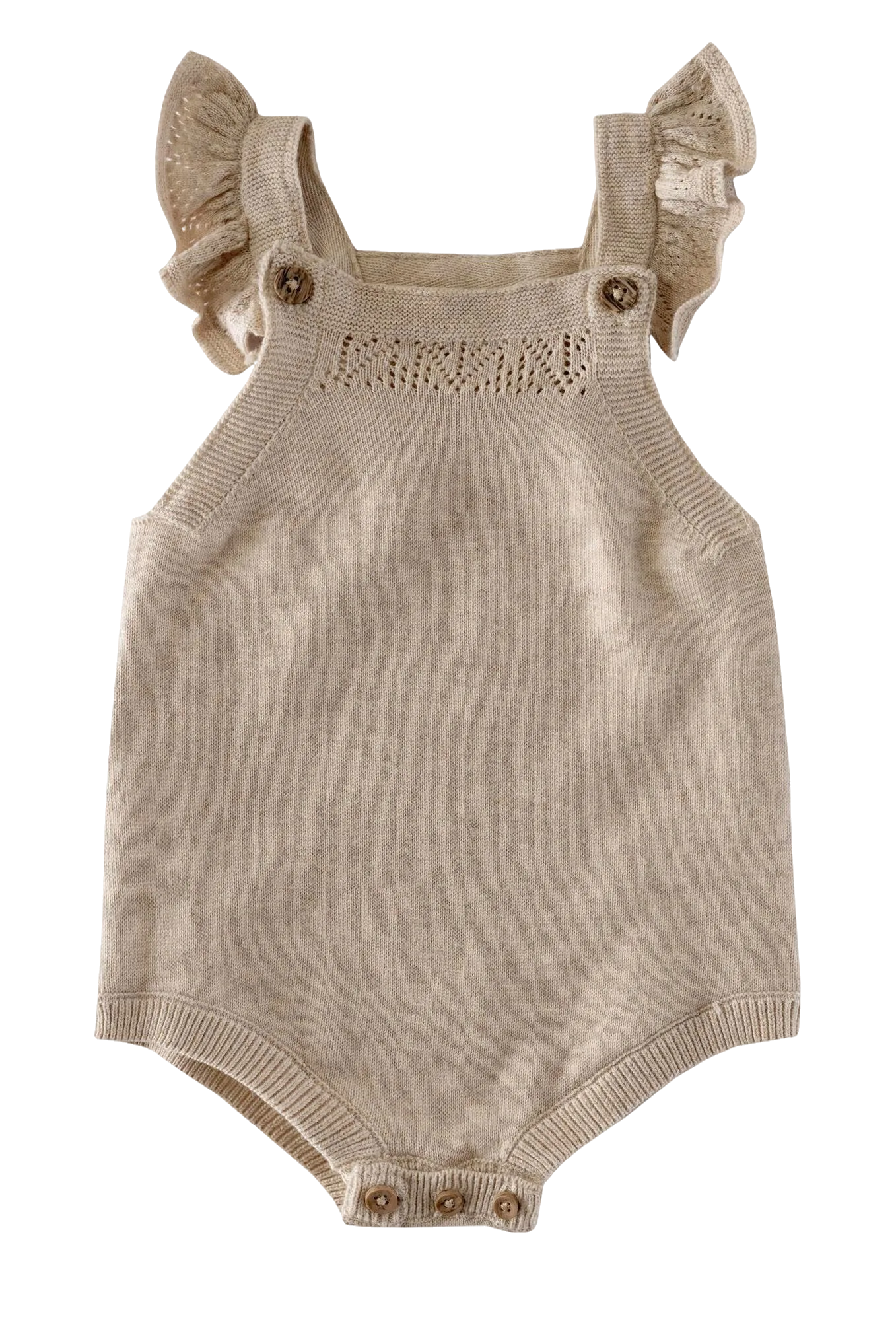 Beige knit romper with ruffle straps and button closure