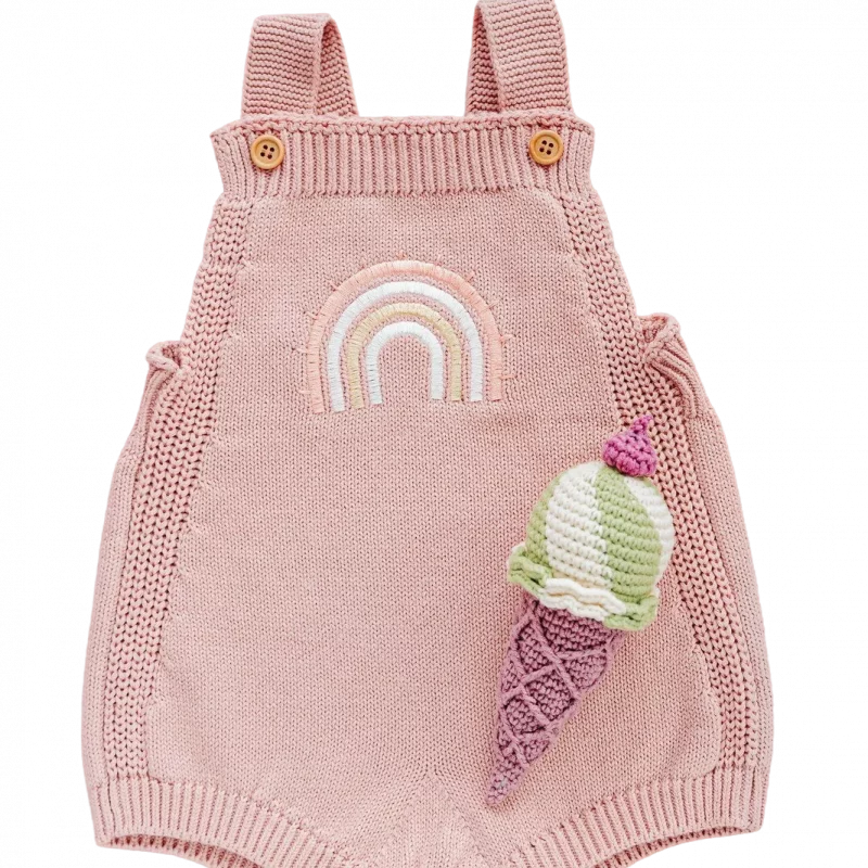 Pink knit romper with rainbow embroidery and ice cream patch