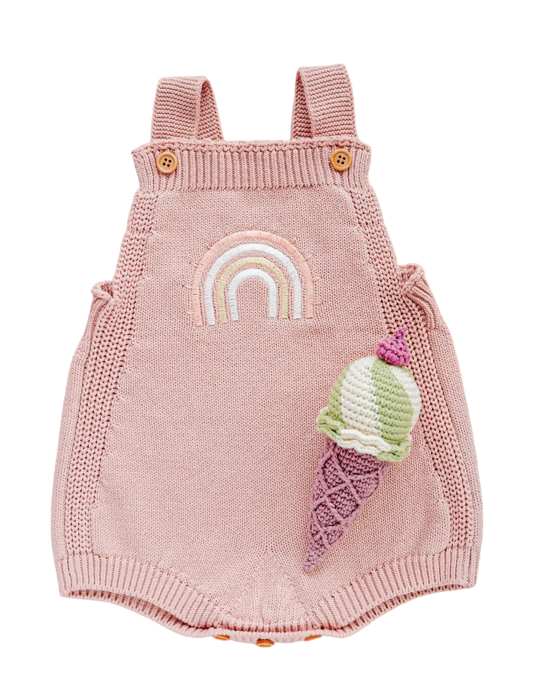Pink knit romper with rainbow embroidery and ice cream patch