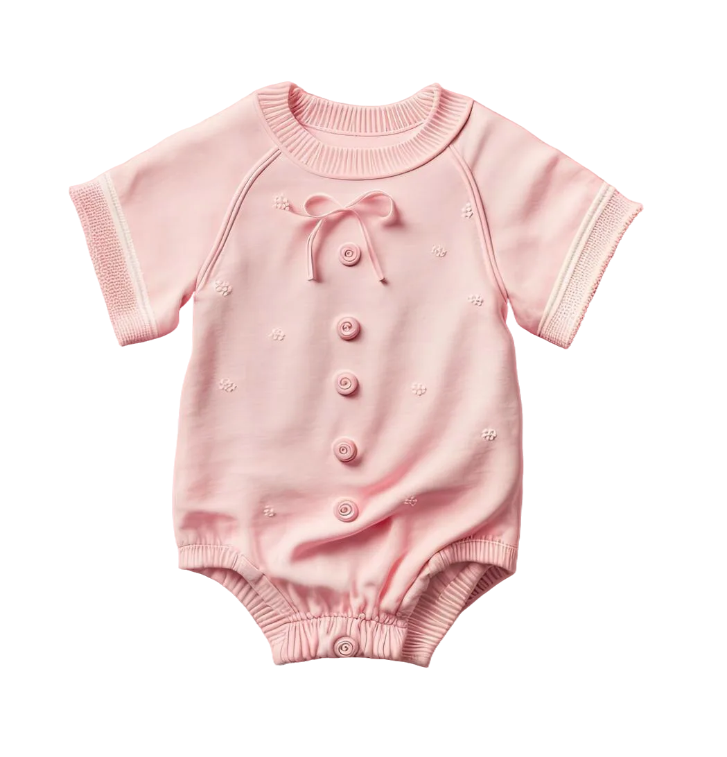 Pink short-sleeve baby romper with buttons and front bow