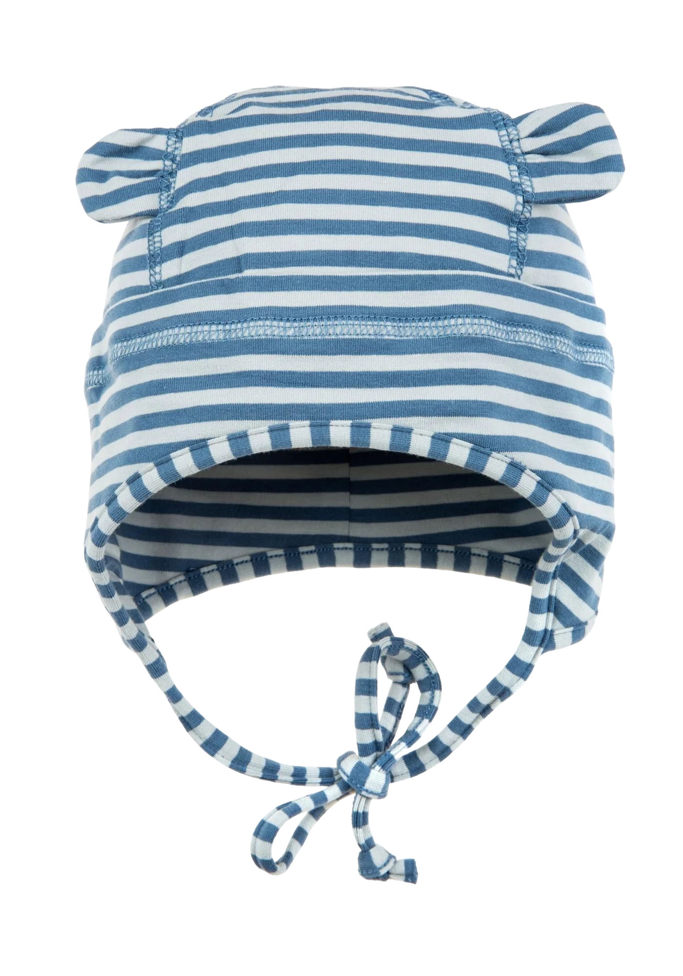 Blue striped baby hat with ear details and ties