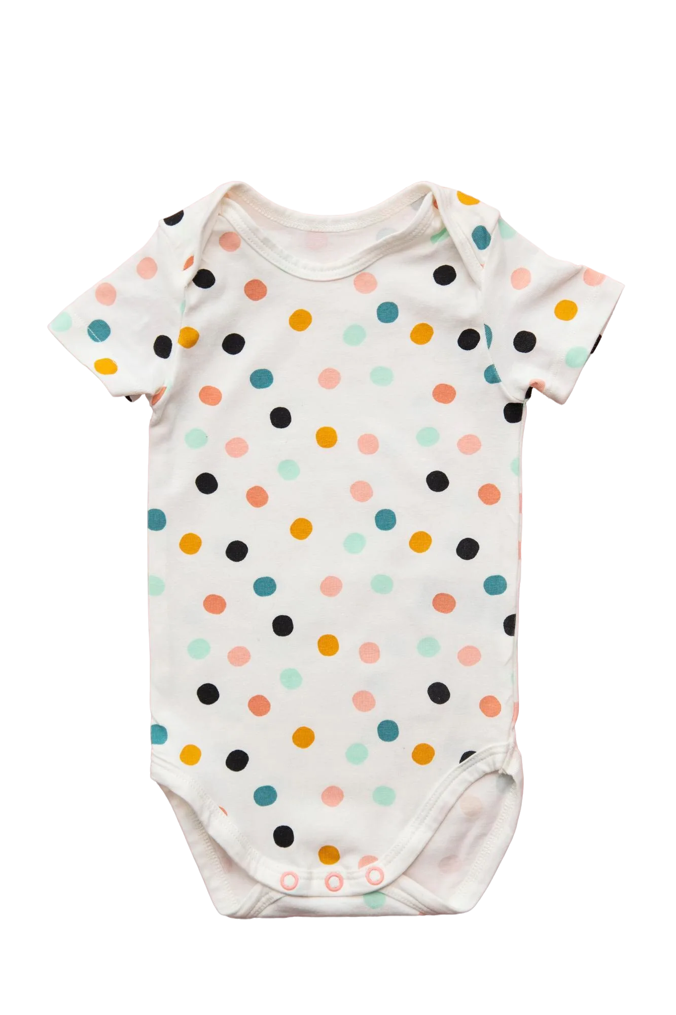 White baby bodysuit with colorful polka dot pattern