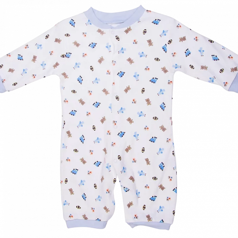 Long-sleeve baby romper with blue and brown cartoon print