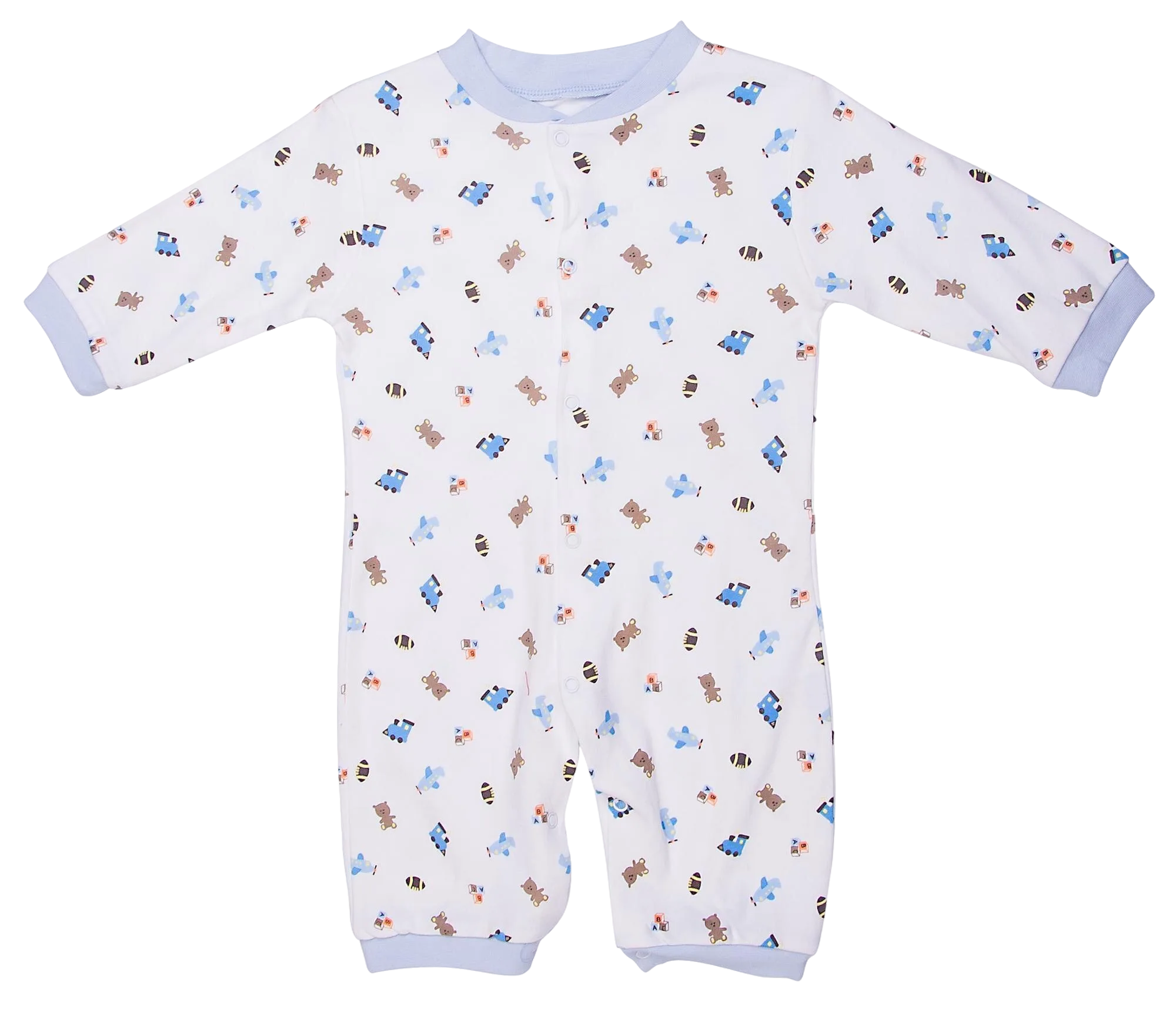 Long-sleeve baby romper with blue and brown cartoon print