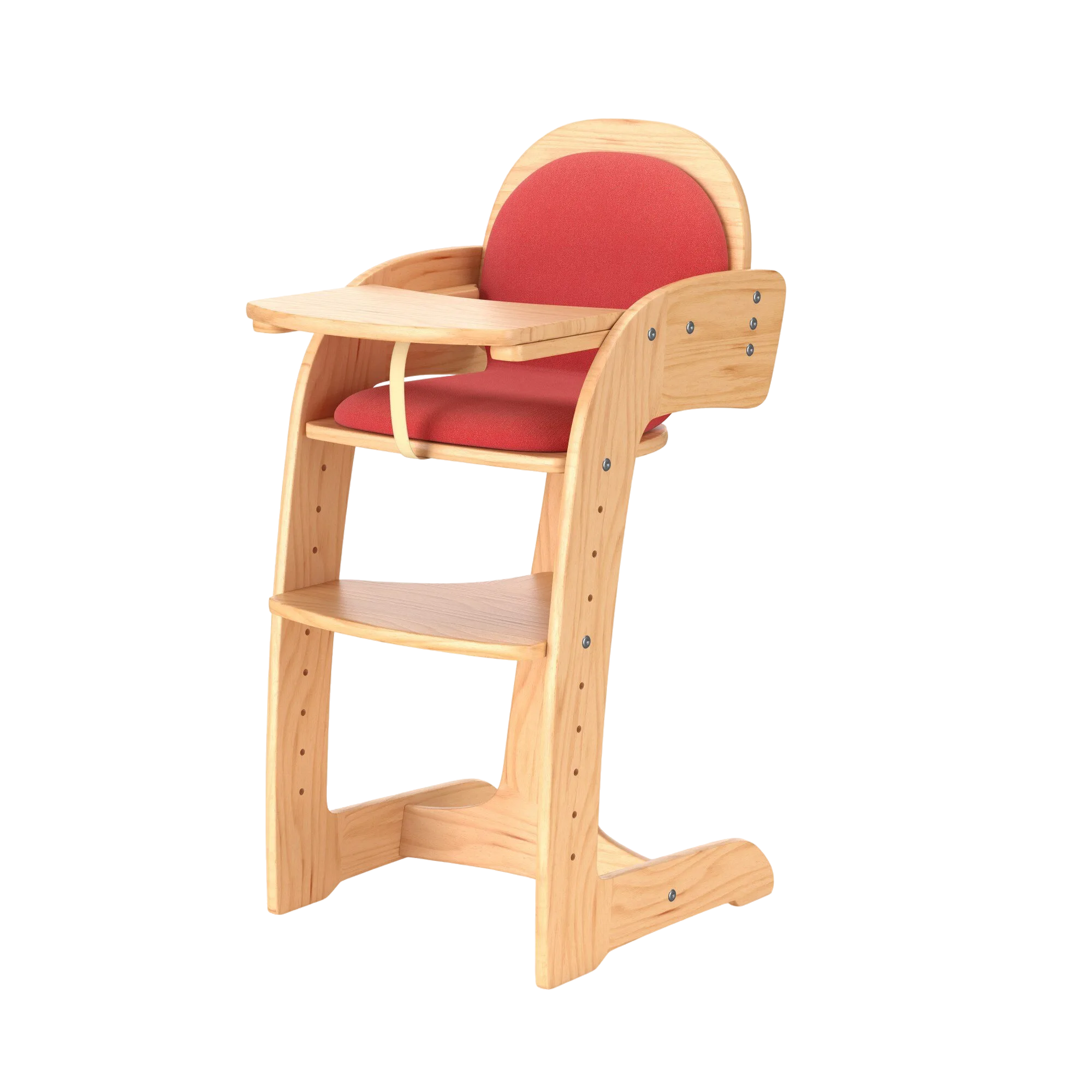 Wooden baby high chair with red cushioned seat design