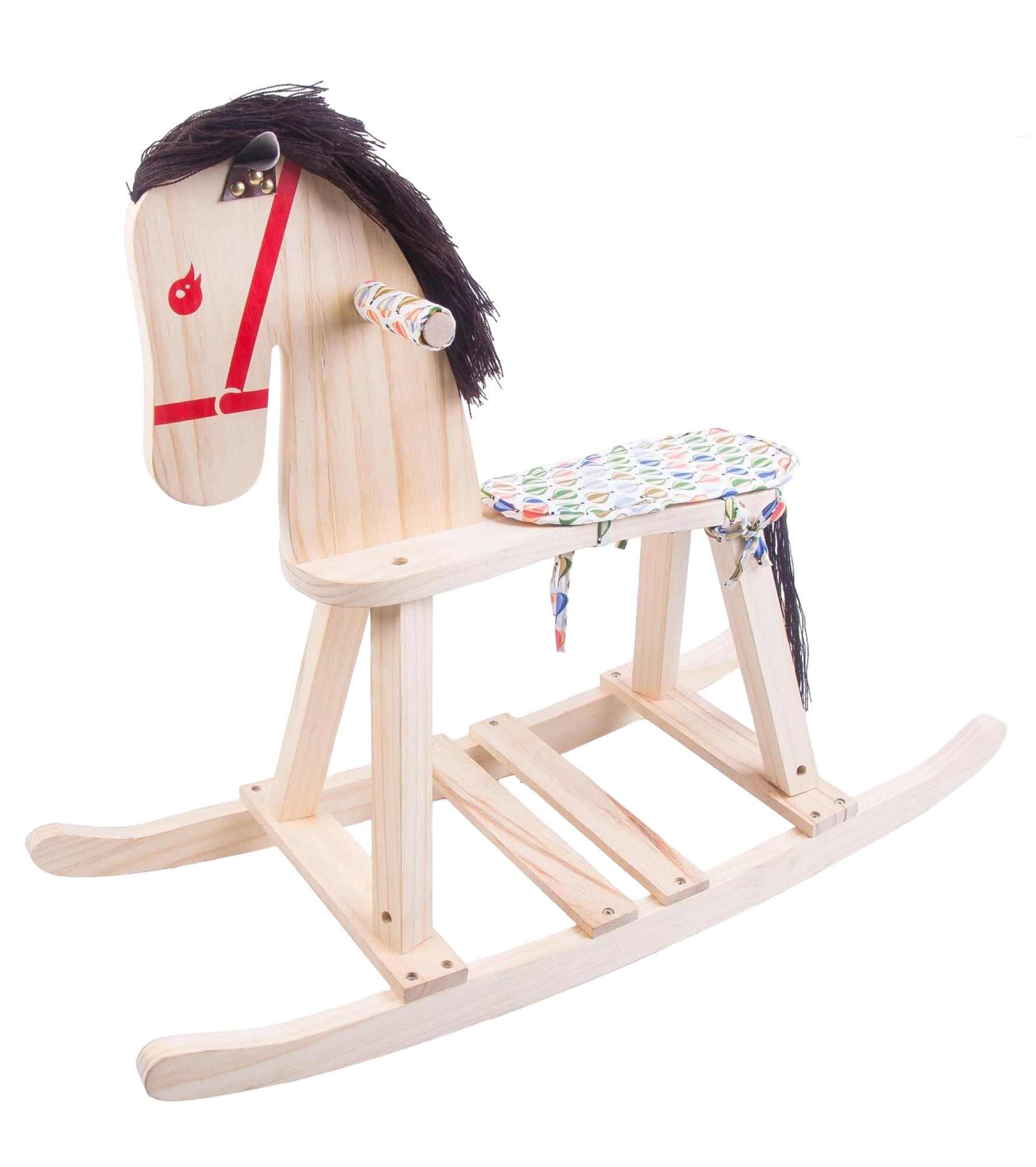 Wooden rocking horse toy with painted details and saddle