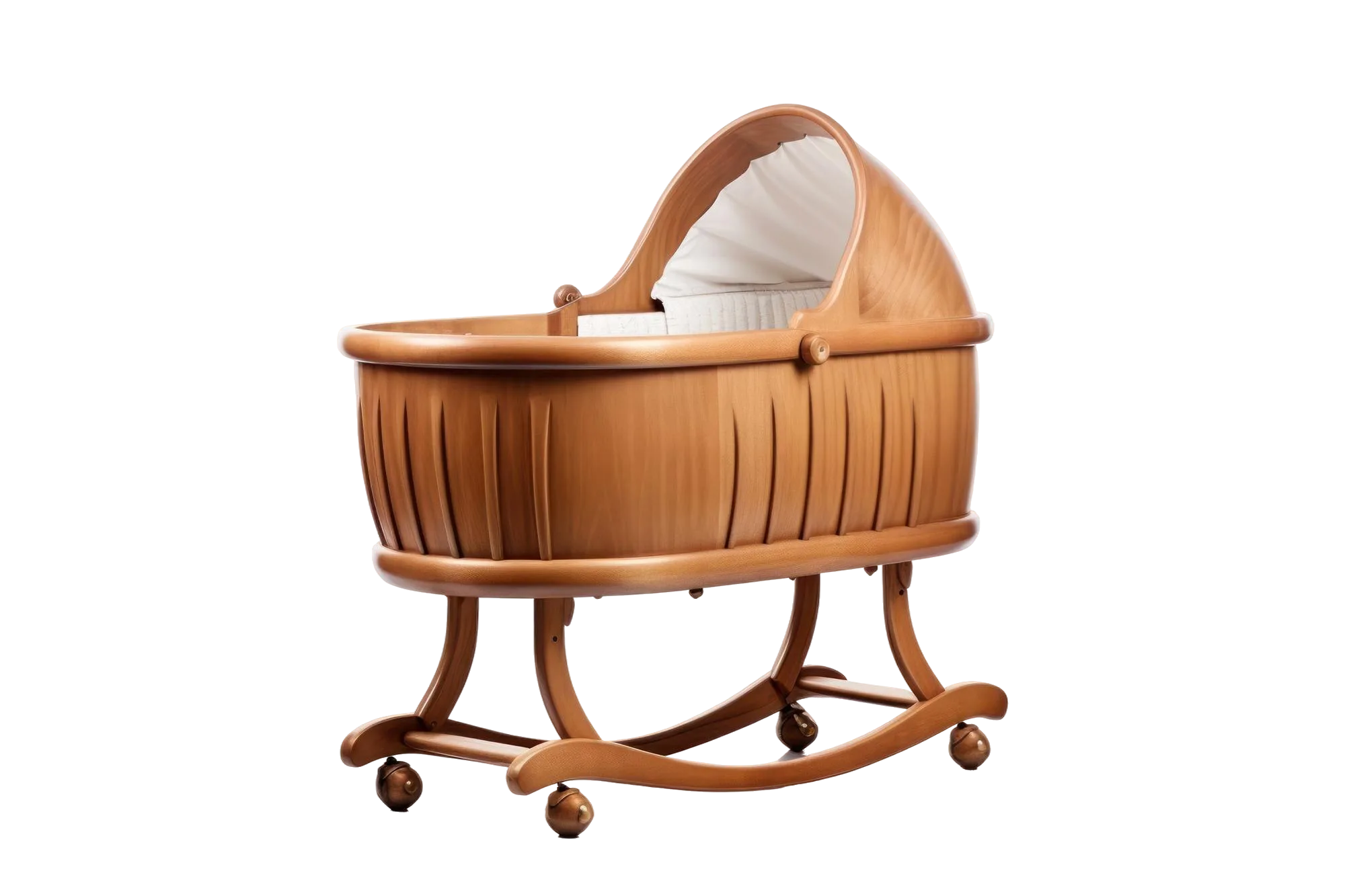 Wooden baby cradle with curved base and white fabric lining