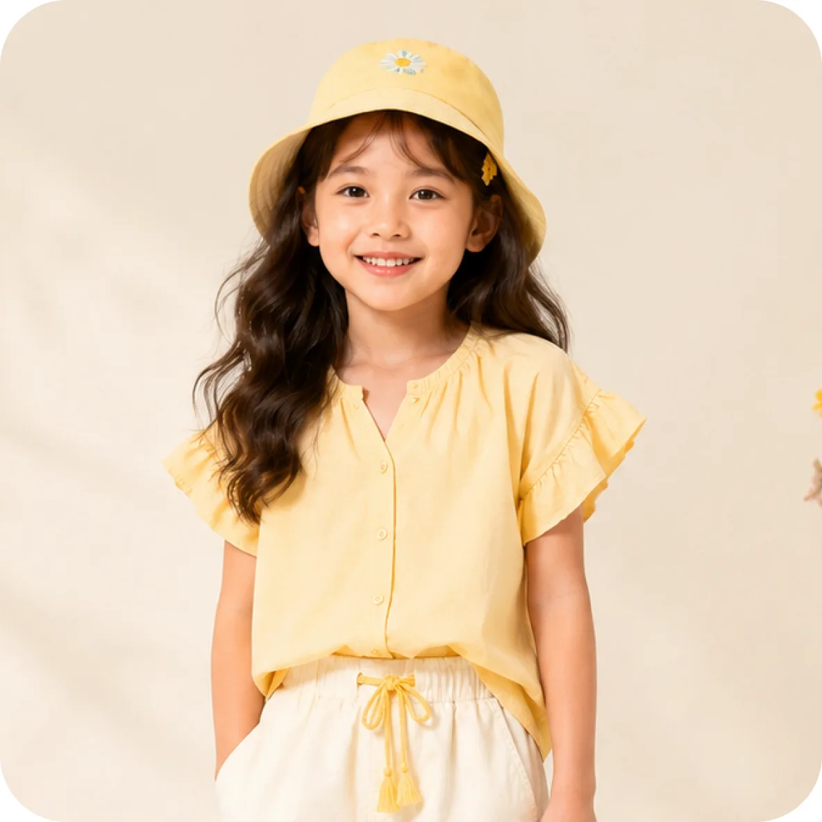 Yellow flutter-sleeve blouse with sun hat